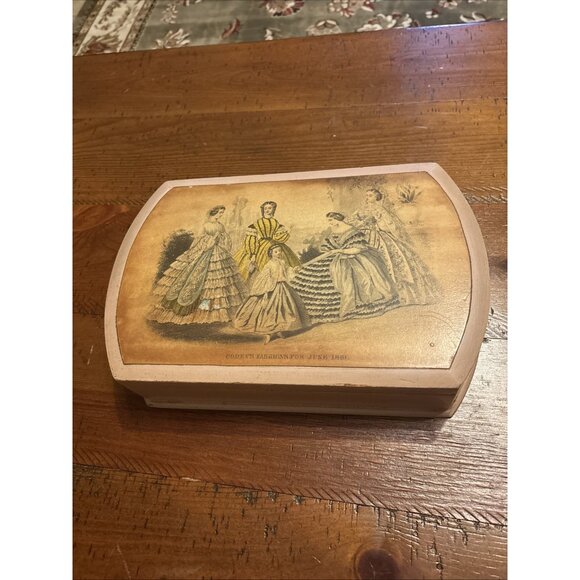 Vintage 1920’s Jewelry Box Wood Godey’s Fashion Label Opens To Vanity Mirror - Picture 2 of 11